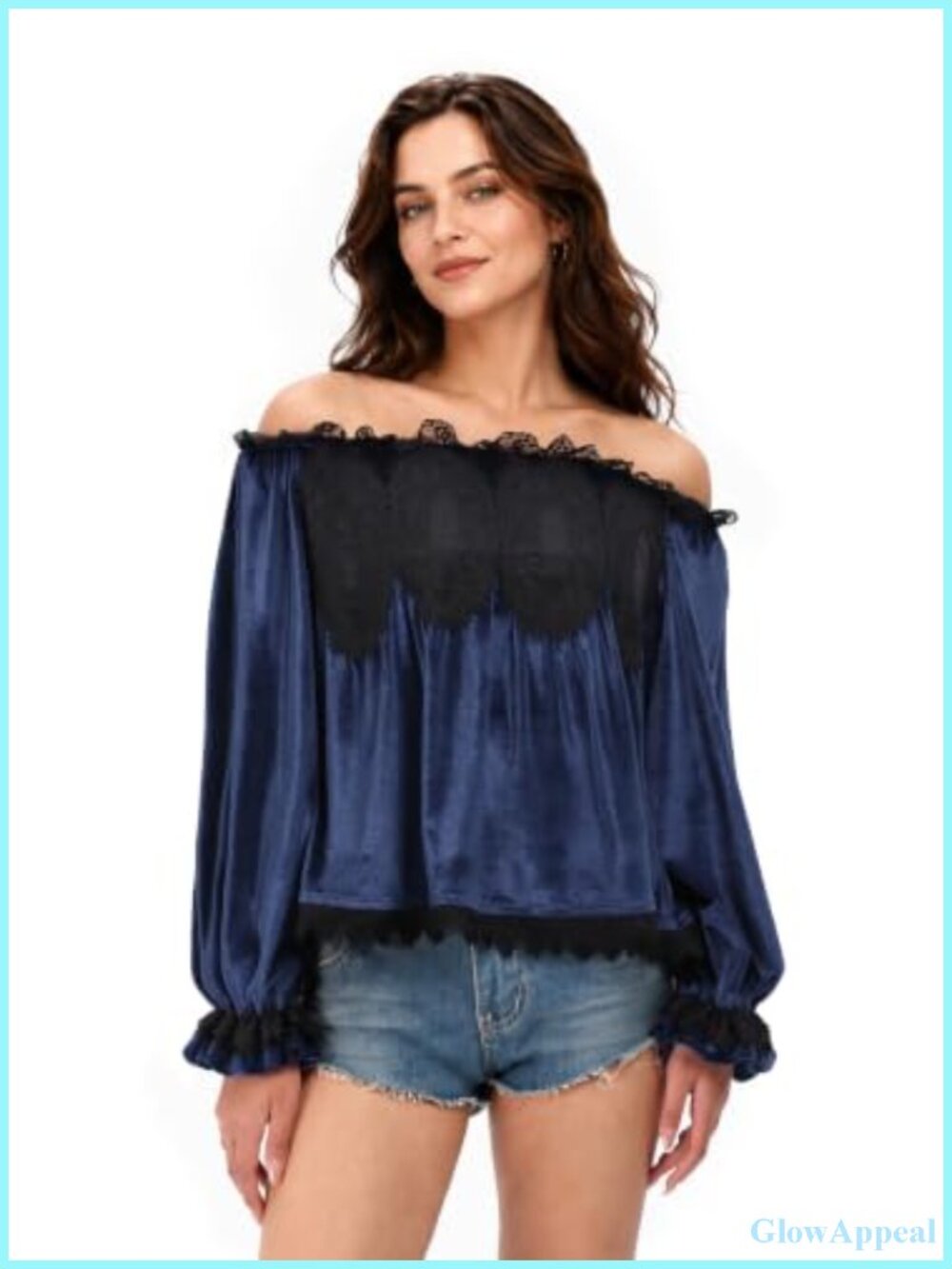 Off-Shoulder Lace Trim Velvet Blouse Flared Sleeves Party Top
